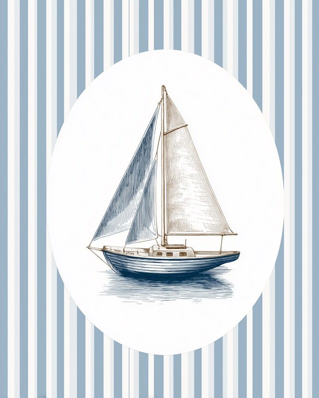 Vintage watercolour illustration of a timeless wooden sailboat for a boys nursery wall