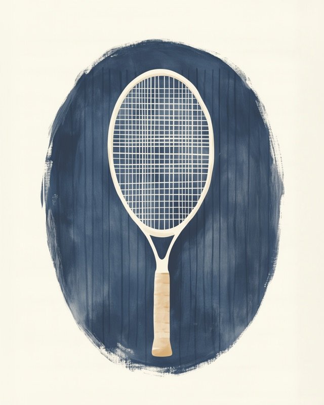 Vintage watercolour print of a squash racket and ball in a classic boys sports illustration style