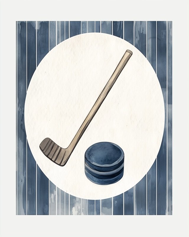 Oil painting of a hockey stick and puck in a classic warm-toned boys nursery illustration