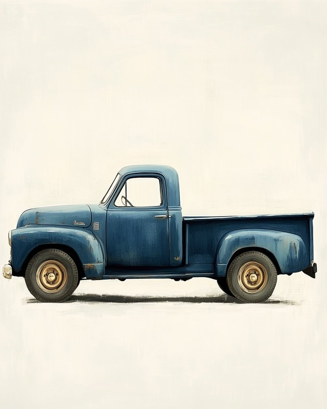 Oil painting of a vintage pickup truck in warm nostalgic tones for a boys nursery wall