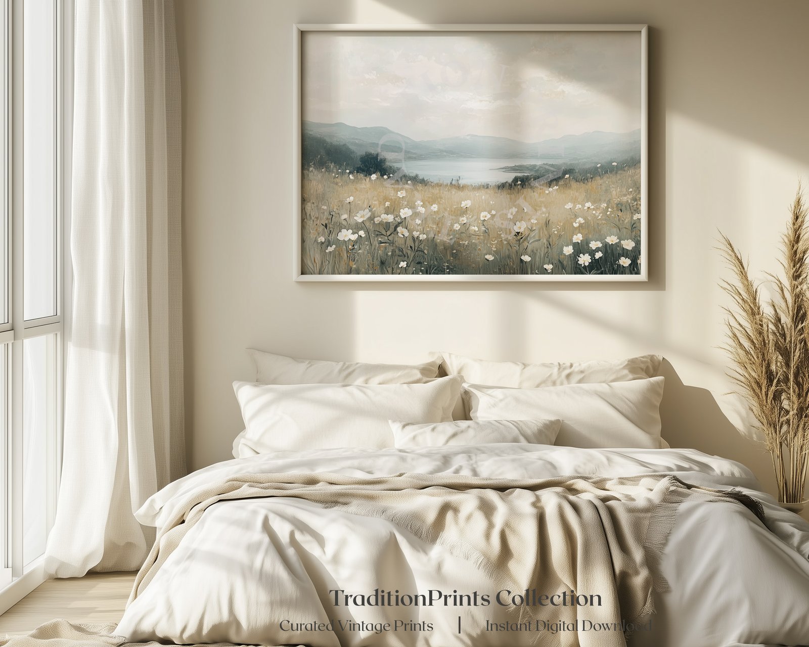 Printable wall art displayed above a bed in a cosy bedroom — instant download prints