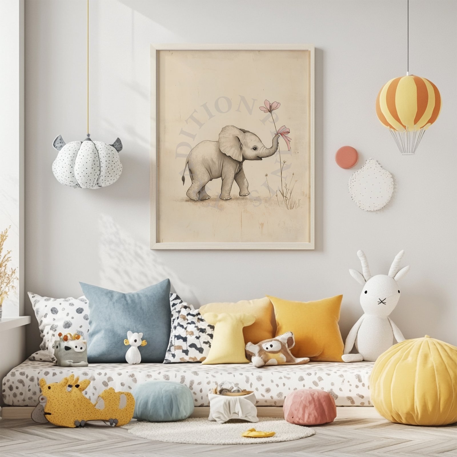 Printable wall art styled in a nursery — soft colourful instant download prints for kids rooms