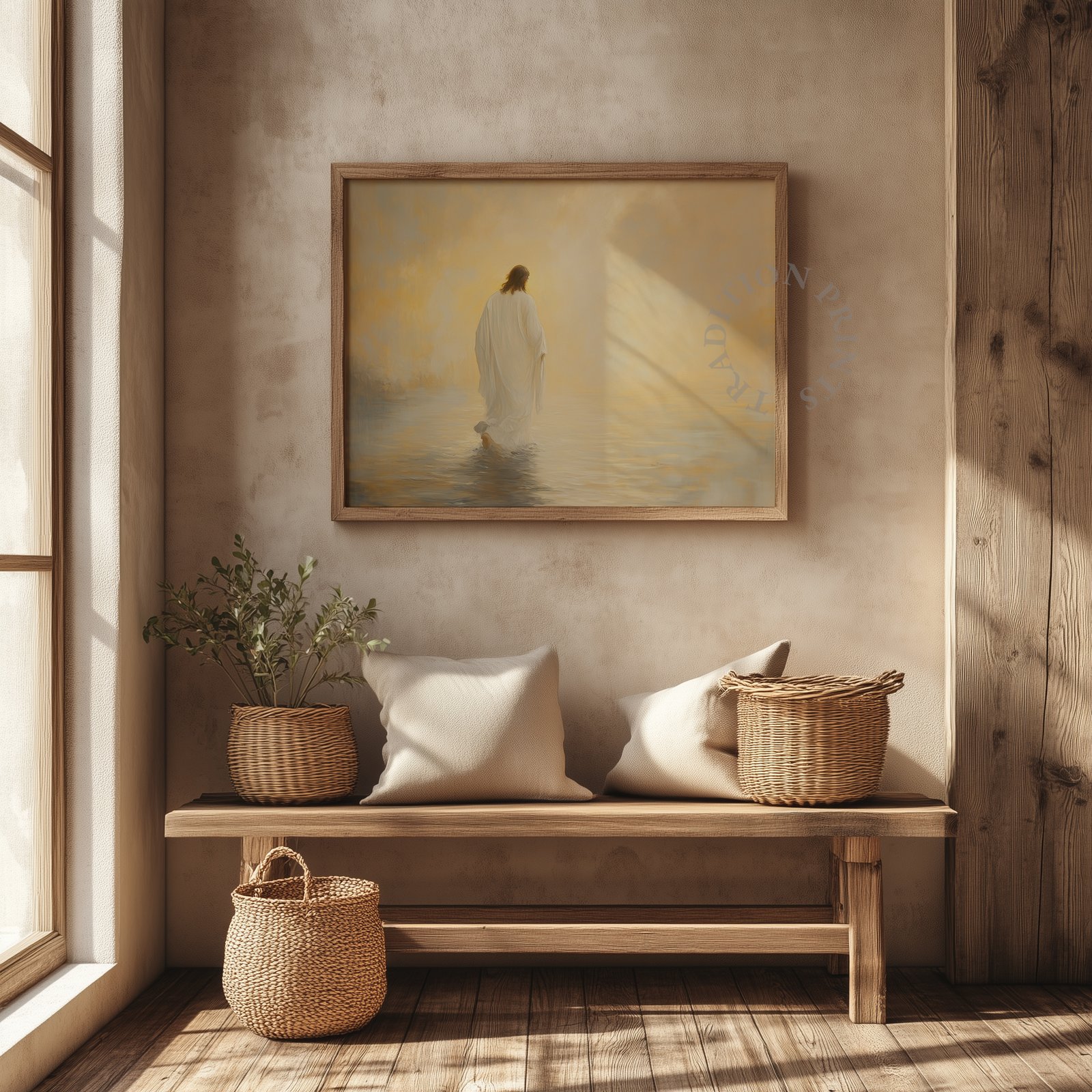 Printable wall art hanging near a window in a bright home office — digital download prints